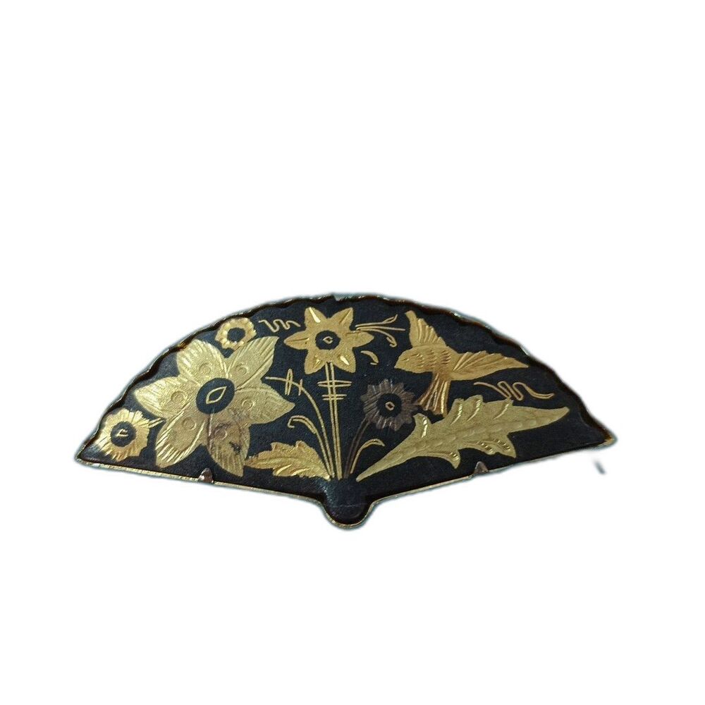 Vintage Gold Inlay Fan Brooch Black Enamel Floral Asian Style Pin